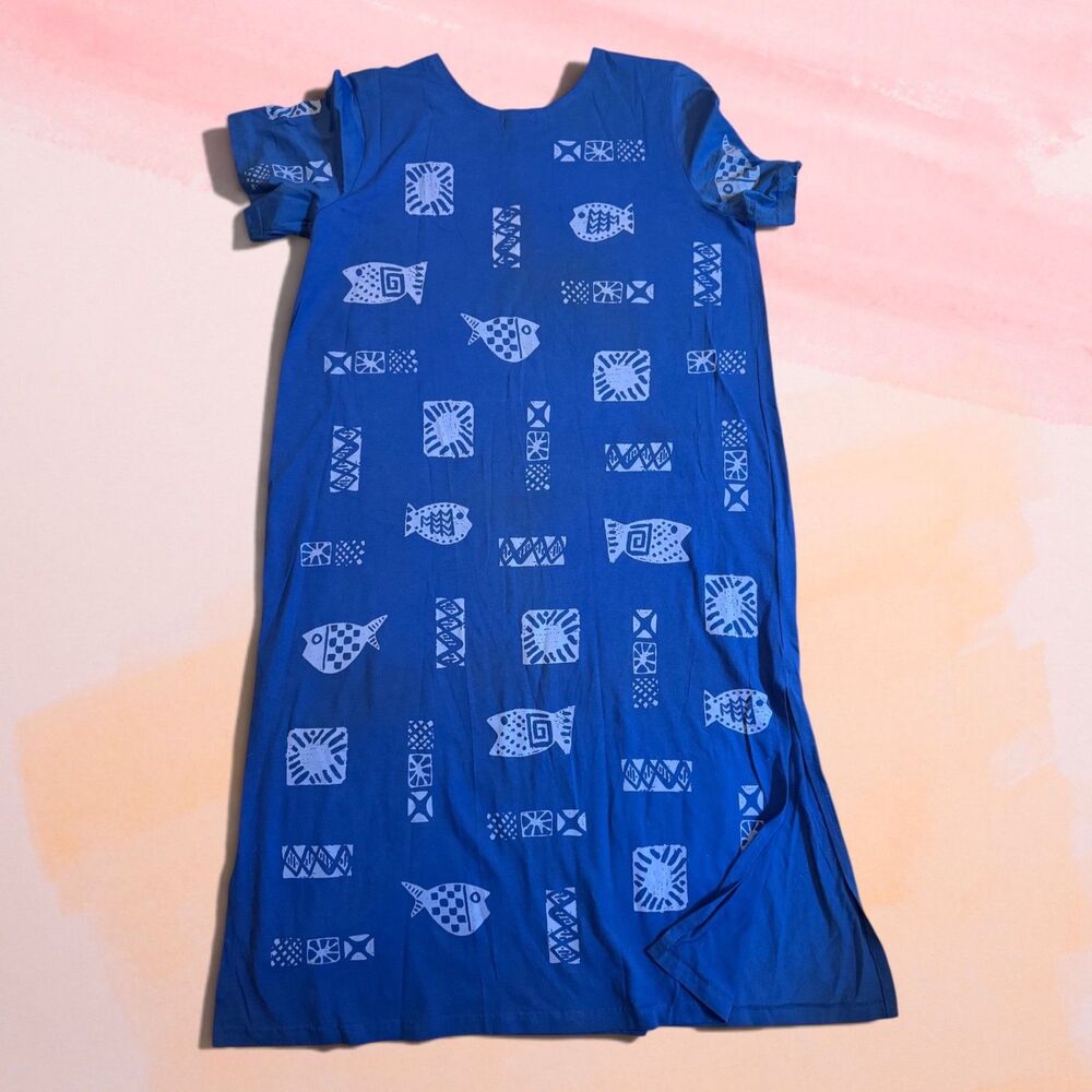 VTG M Mac Fish Print T Shirt Dress Royal Blue Cotton Muumuu Caftan Maxi Shift 3X